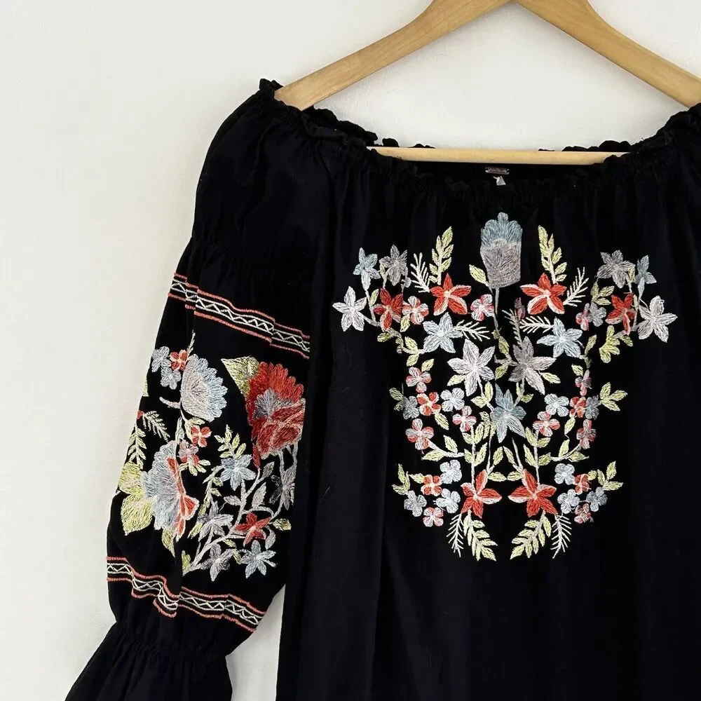 Free People Fleur Du Jour Mini Dress XS Black Floral Embroidered Off Shoulder